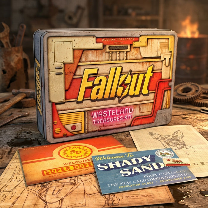 Fallout Wasteland Treasures Kit con accessori di carta spiegati su un banco da lavoro di un campo di rottami