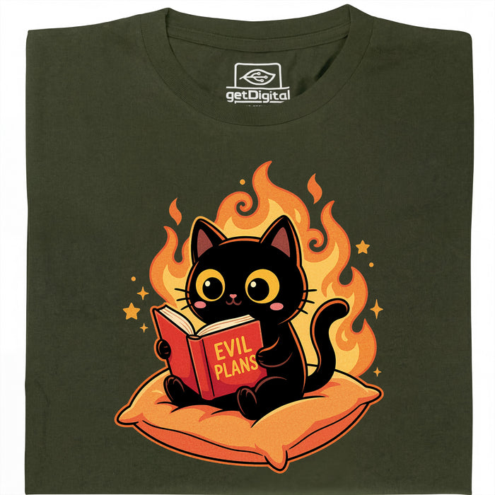 Gatto Nero Legge "Evil Plans" - Piani Malvagi con Stile - Vista Principale T-Shirt Verde Scuro